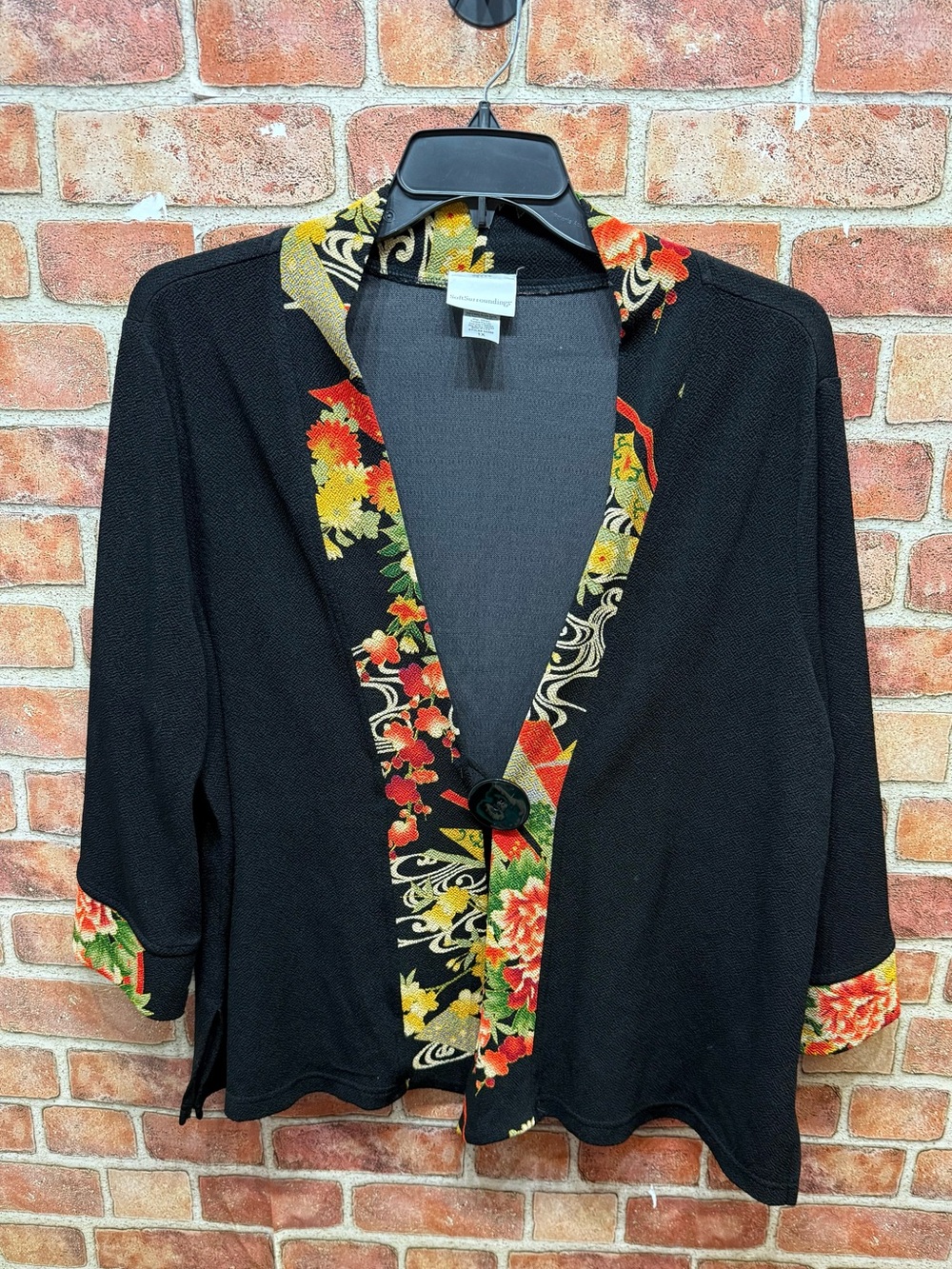 Soft Surroundings cardigan kimono jacket with floral trim and button close